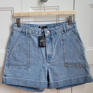 Maje Light Blue Denim Stud-Trim High-Rise Shorts